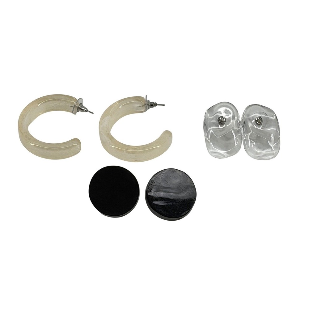 Set of 3 Resin and Acrylic Earrings Black Disc Clear Organic Cream Hoops Vintage